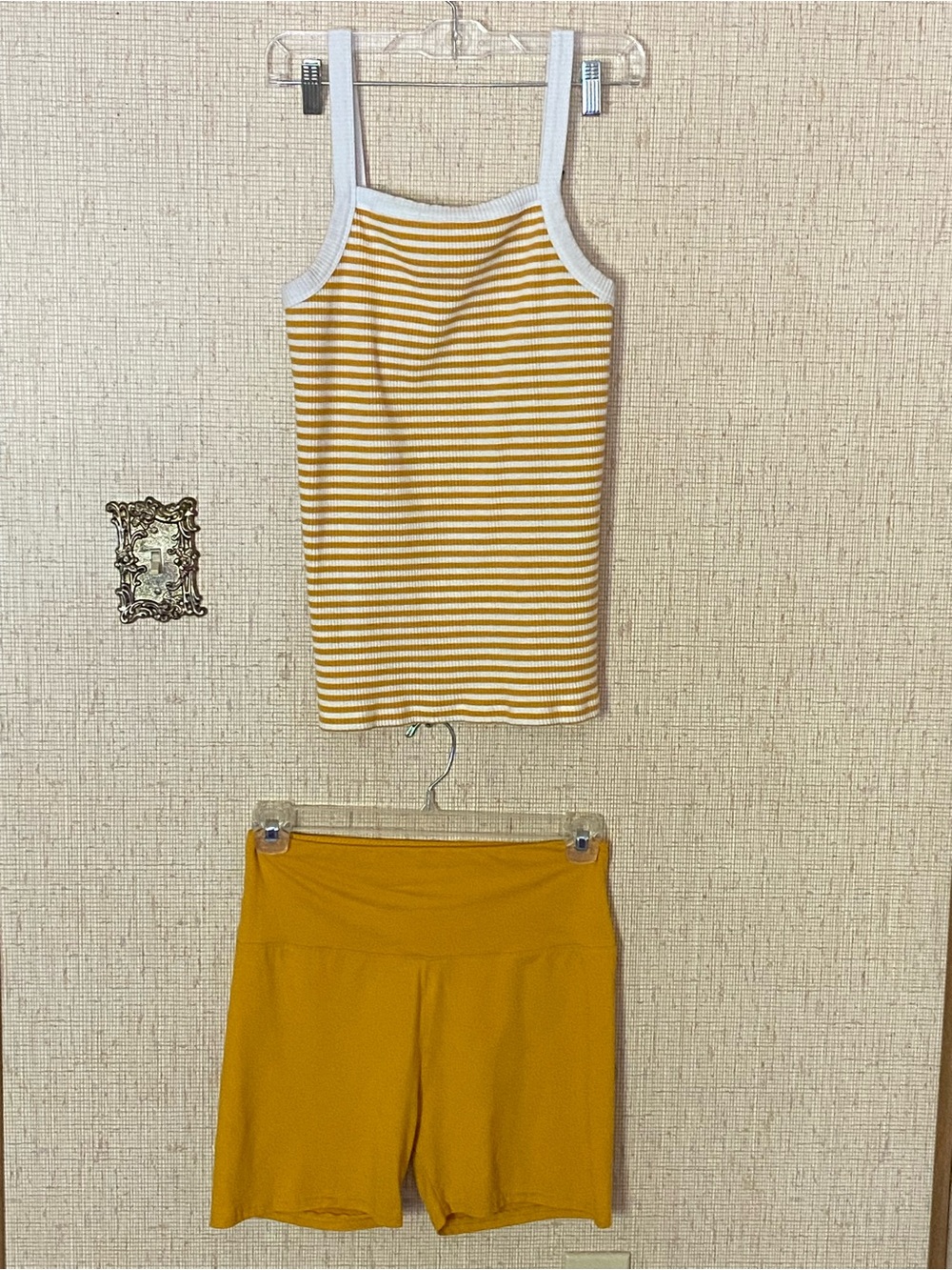 Striped Mustard Yellow Old Navy Tank & (no brand) Solid Mustard Biker Shorts Set